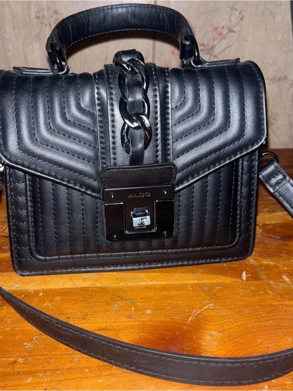 ALDO Black Quilted Top-Handle Crossbody with Chain Detail
